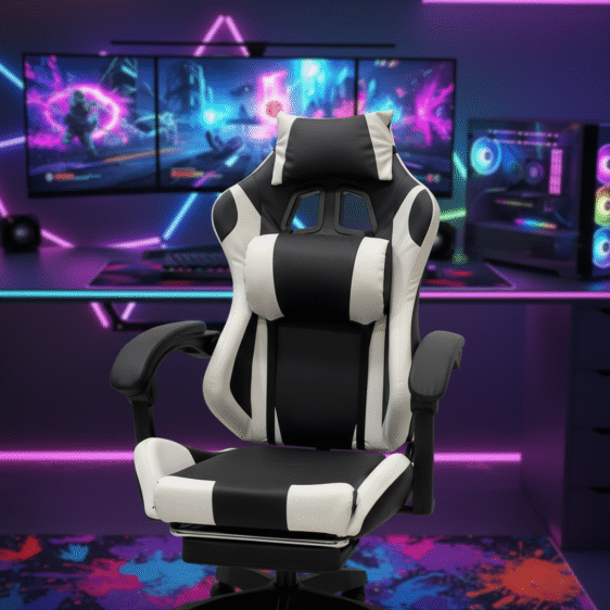 Silla Gamer Vibracion Lumbar ergonómica con reposapiés negro/blanco