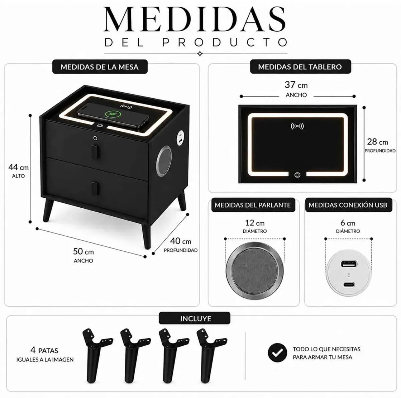 Mesa Noche Inteligente multifuncional Negro Tipo Gamer - Image 4