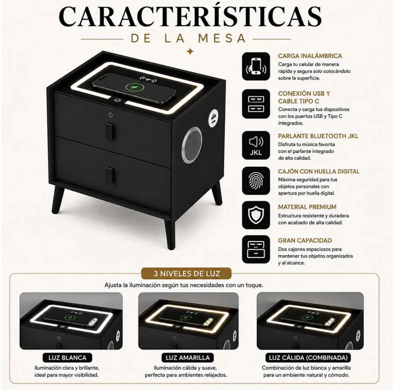 Mesa Noche Inteligente multifuncional Negro Tipo Gamer - Image 3