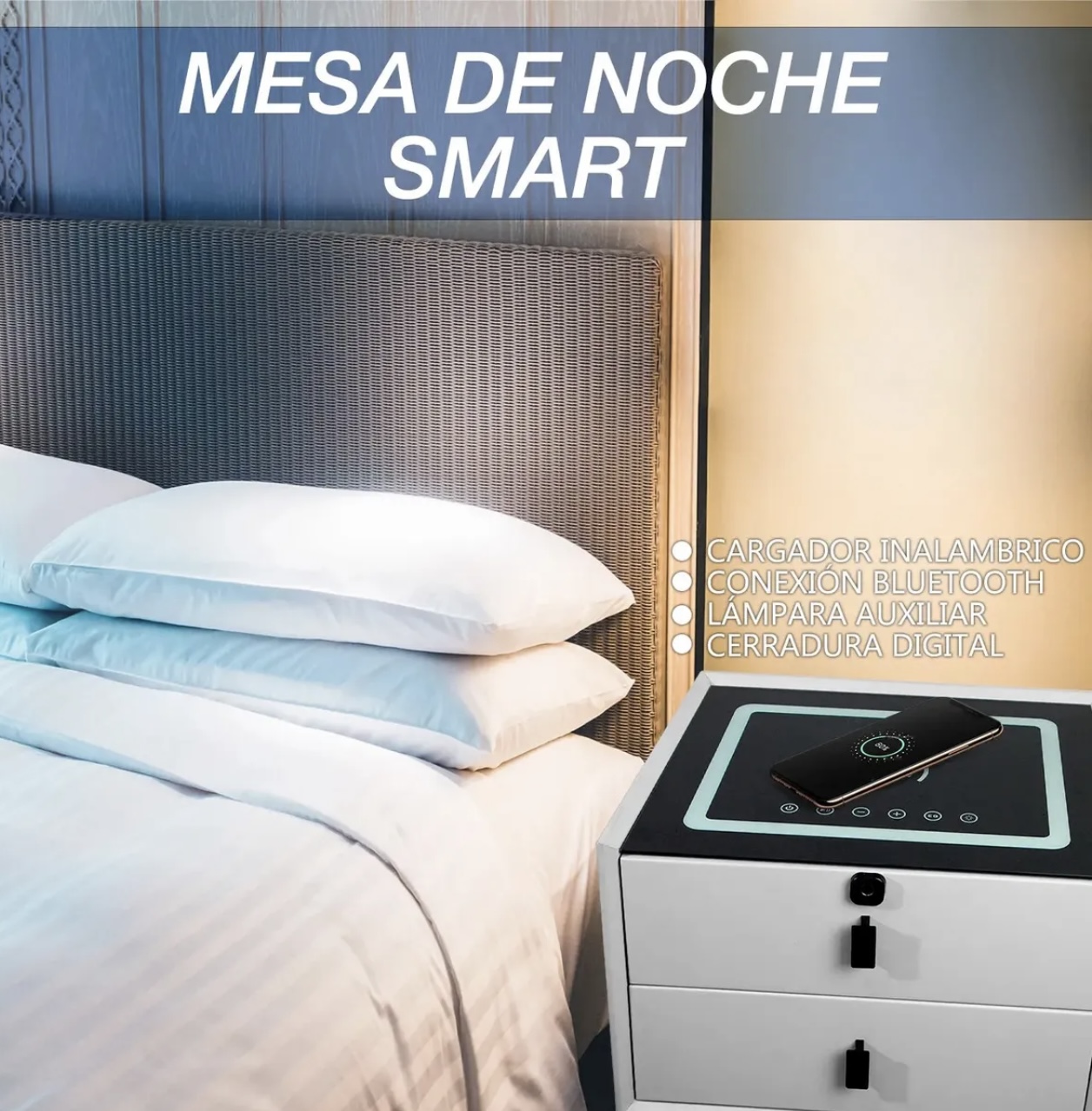 Mesa Noche Inteligente multifuncional Blanco Tipo Gamer